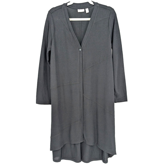 LOGO Lori Goldstein Black Lagenlook Asymmetric Hem V Neck Duster Cardigan MP - Picture 2 of 10